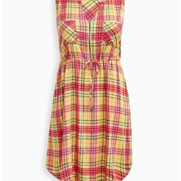TORRID YELLOW & PINK PLAID MINI CHALLIS ZIP-FRONT SHIRT DRESS 3X NWT - Picture 4 of 6